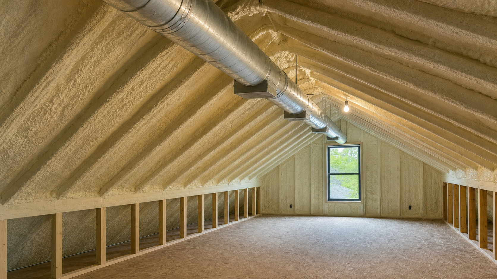 Interior of a Houston residential conditioned unvented attic with tan spray foam on the underside of the roof deck and exposed HVAC duct trunk
