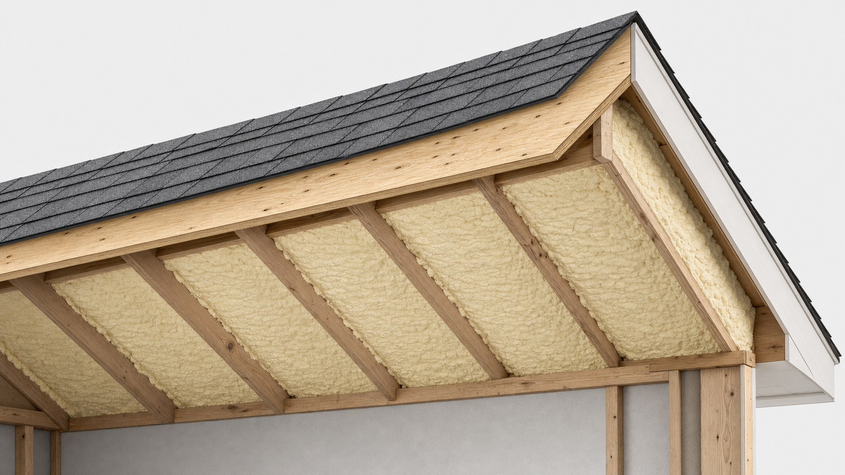 Technical roof cross-section showing asphalt shingles, plywood deck, and closed-cell spray foam applied to the underside of the deck between the rafters