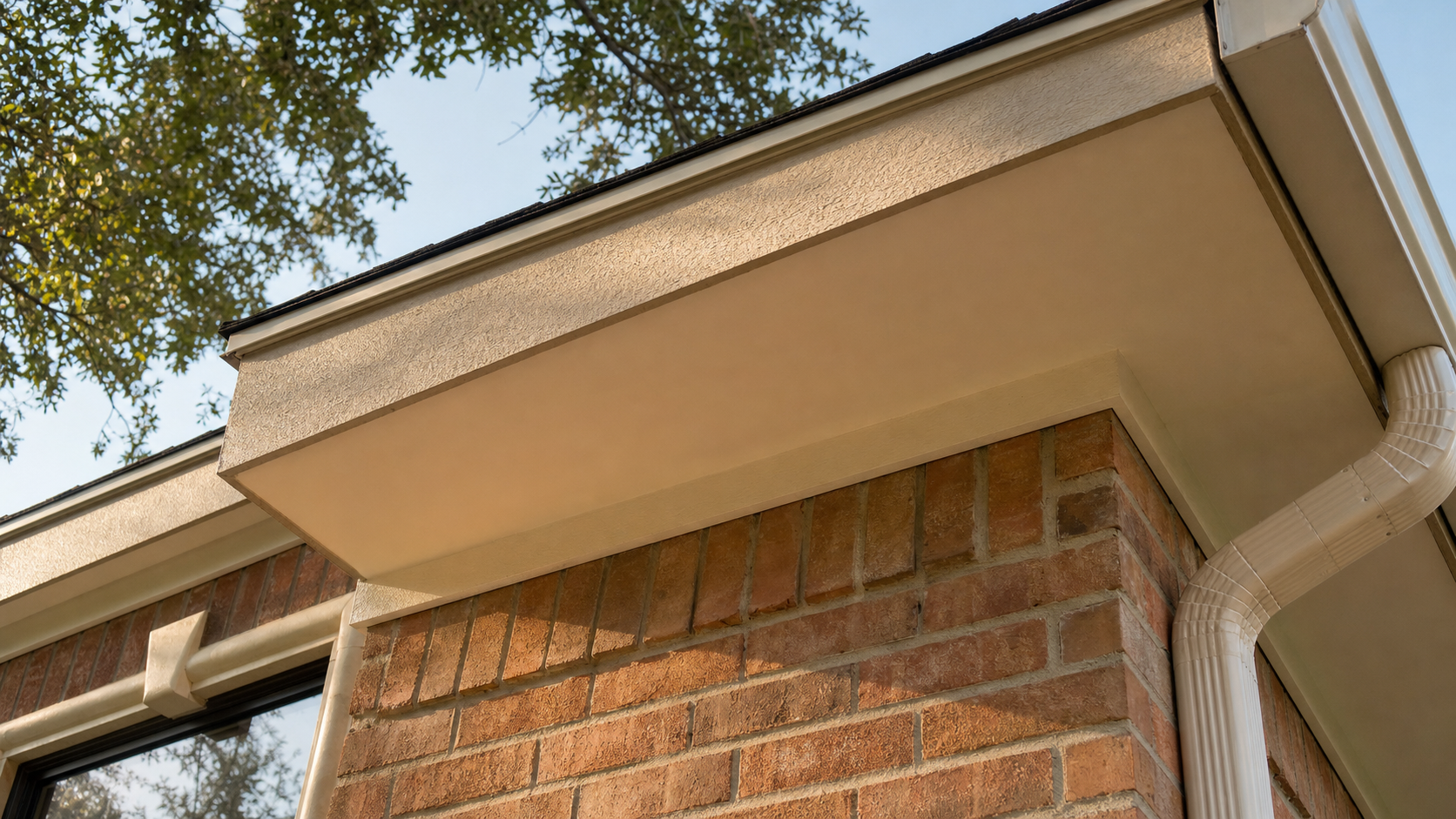 Exterior Houston soffit and eave detail showing a solid panel with no vent openings — a typical detail on an unvented conditioned attic assembly