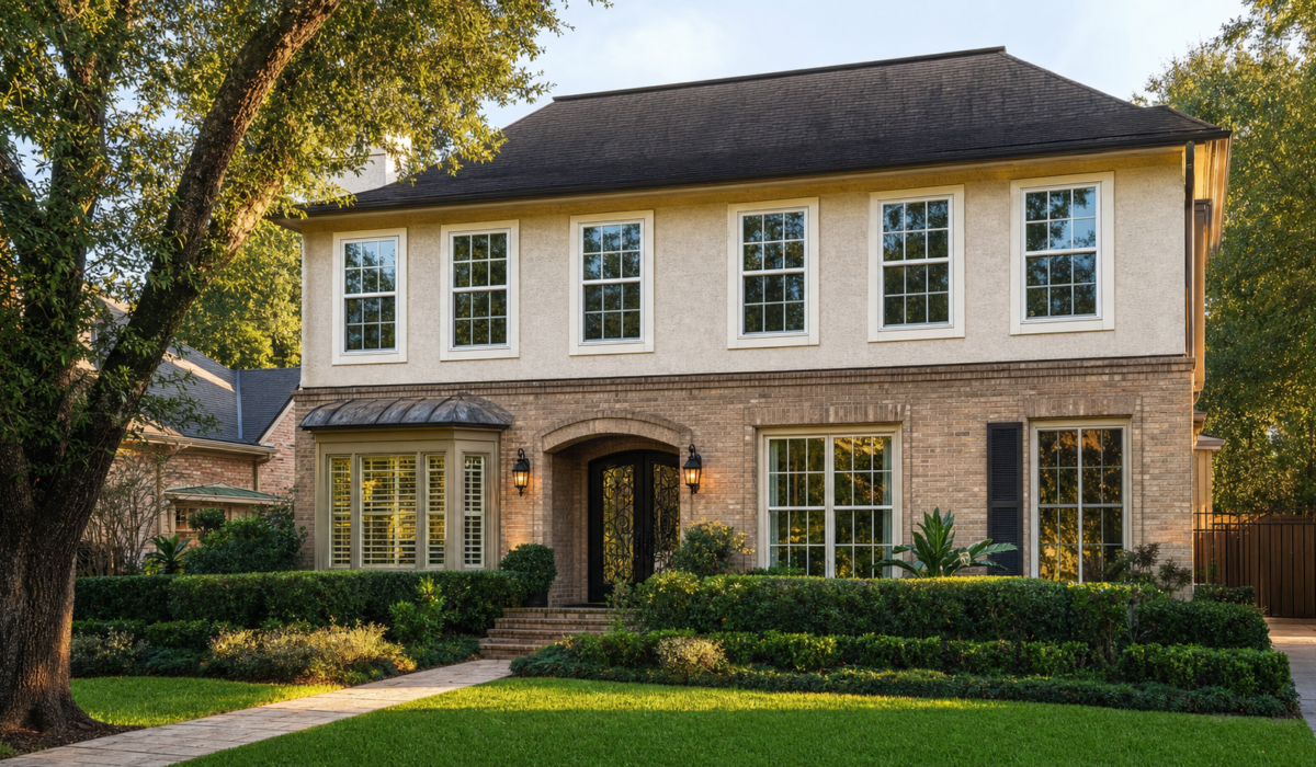 Two-story Houston brick and stucco home elevation with white double-hung windows across the facade in late afternoon sun