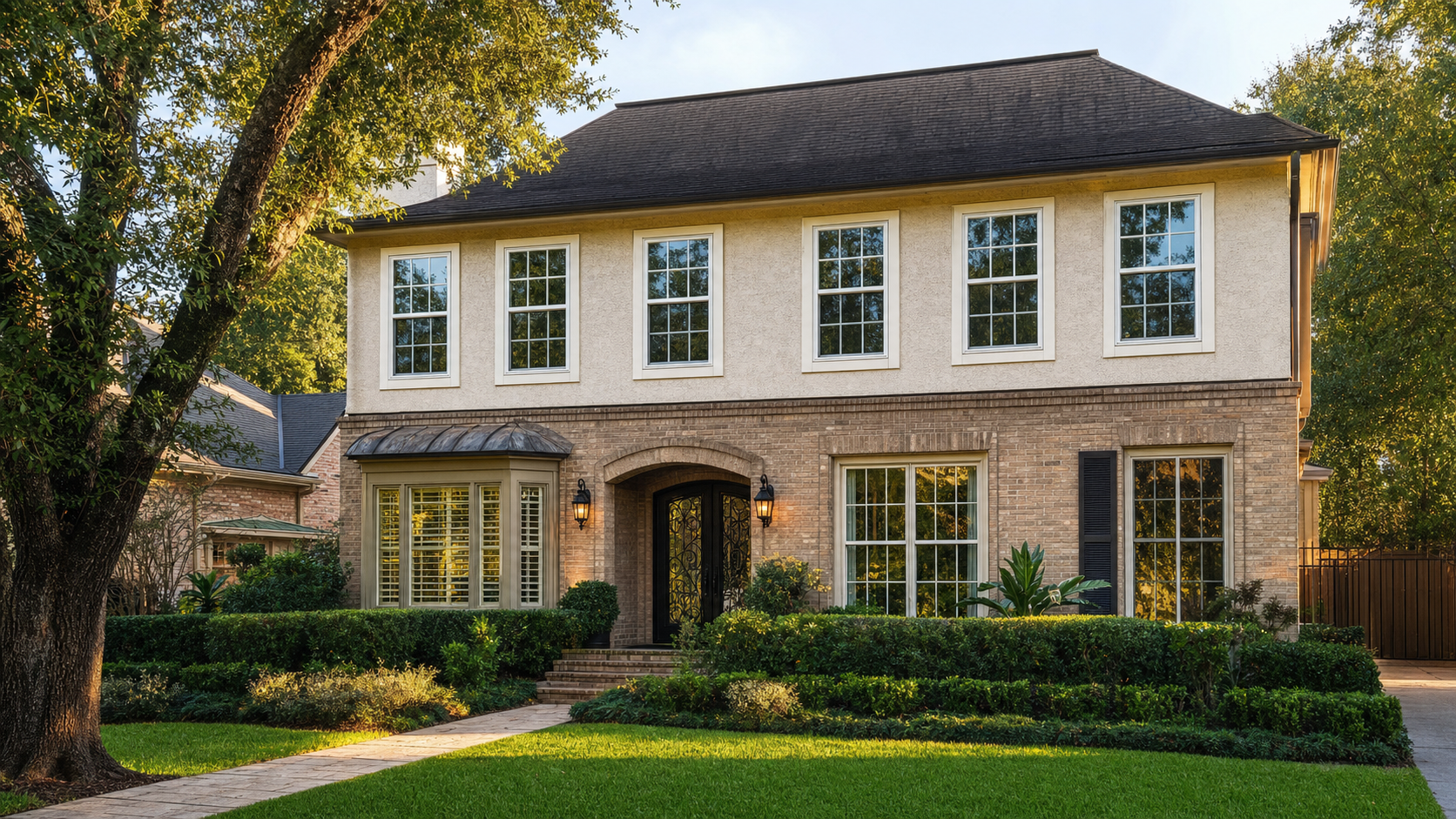 Two-story Houston brick and stucco home elevation with white double-hung windows across the facade in late afternoon sun