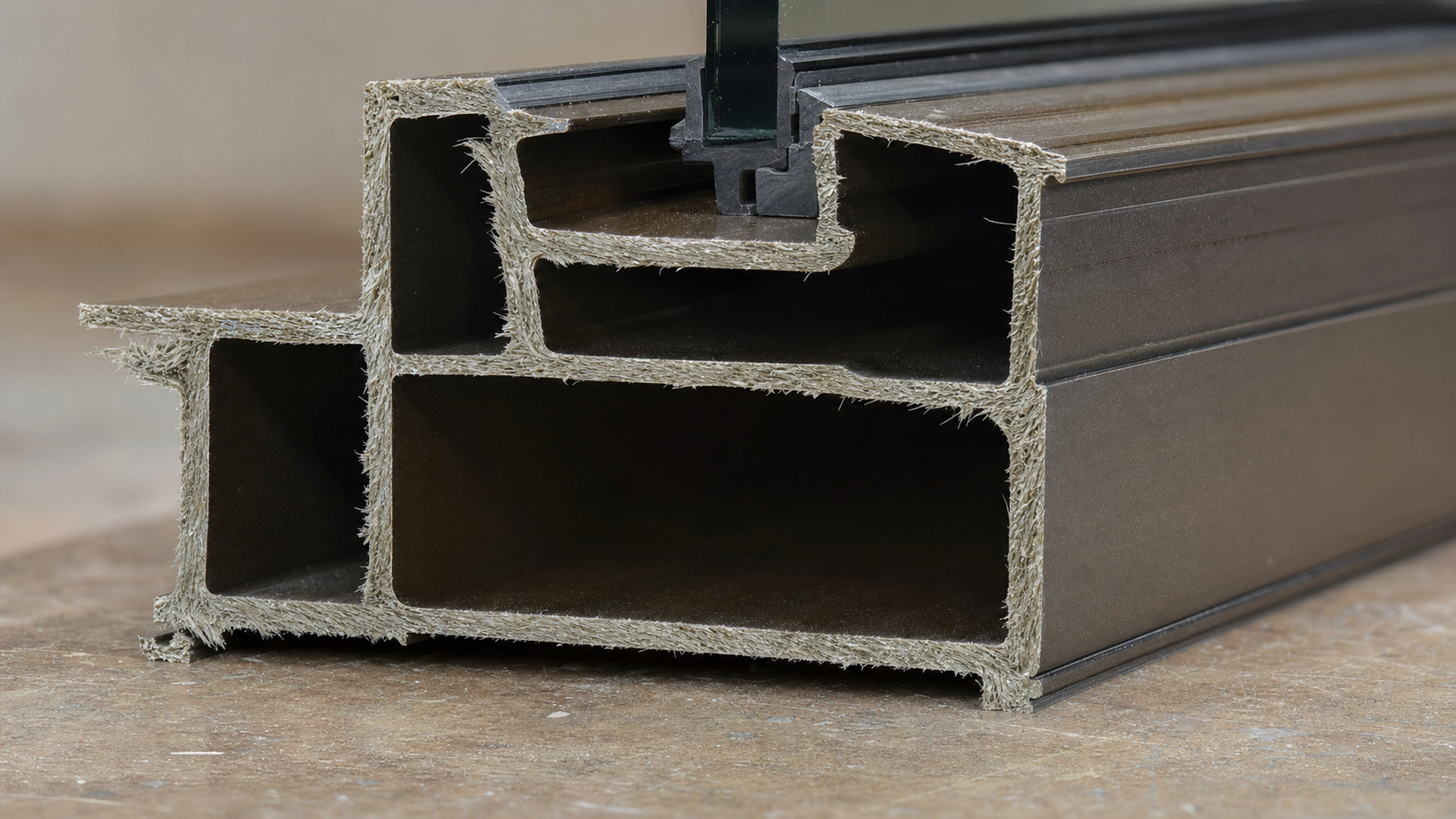 Macro cross-section of a dark bronze fiberglass window frame profile showing pultruded fibers and hollow inner chambers