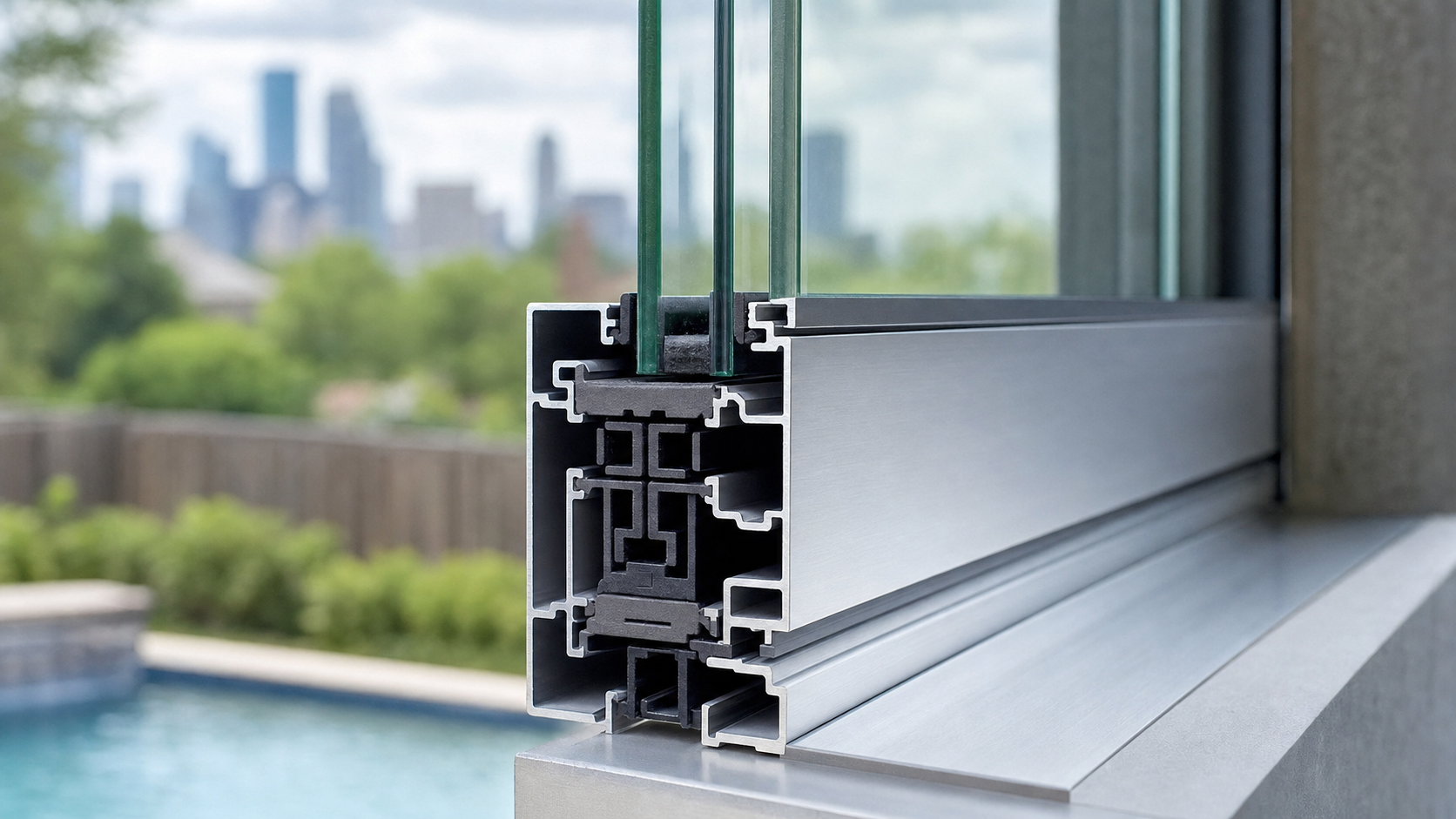Close-up of a silver aluminum window frame with a visible thermal break insulator strip