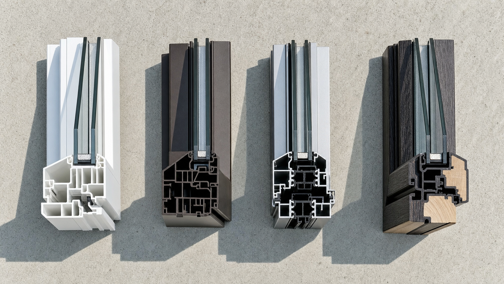 Overhead comparison of four Houston window frame material cross-section samples: vinyl, fiberglass, aluminum, and wood-clad composite