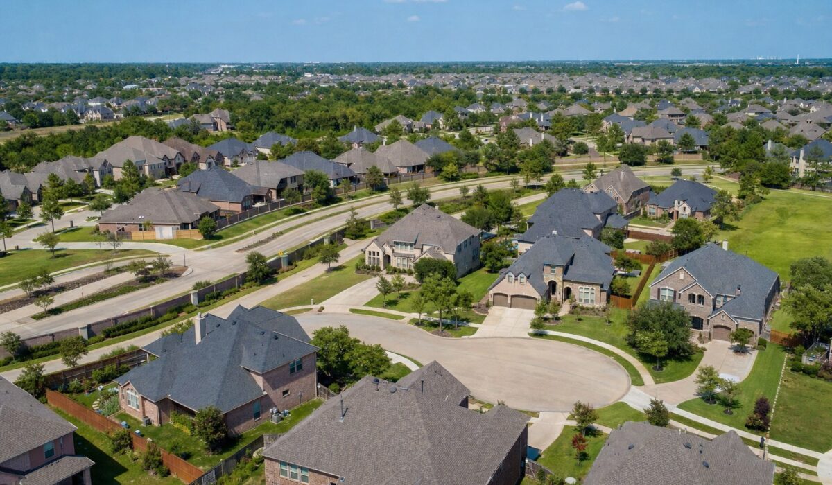 Aerial view of a Katy Texas HOA master-planned neighborhood with uniform shingle rooflines