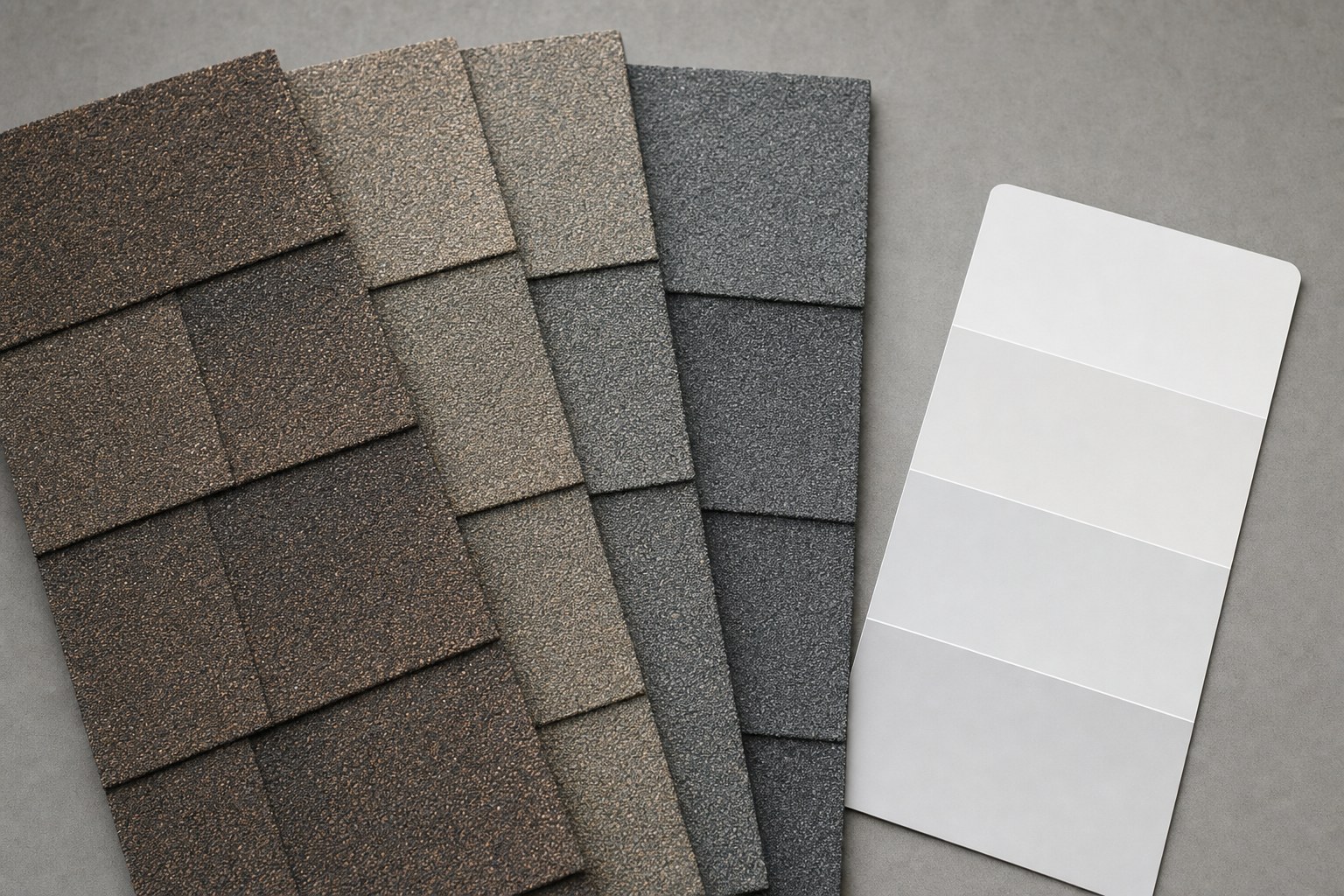 Architectural shingle color samples fanned out next to a color swatch card