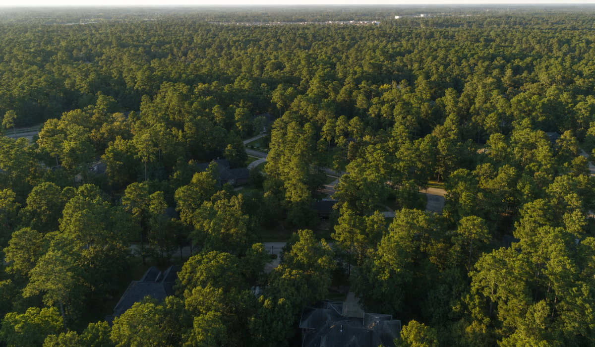 Aerial view of a Kingwood Texas neighborhood hidden beneath a dense loblolly pine and oak tree canopy