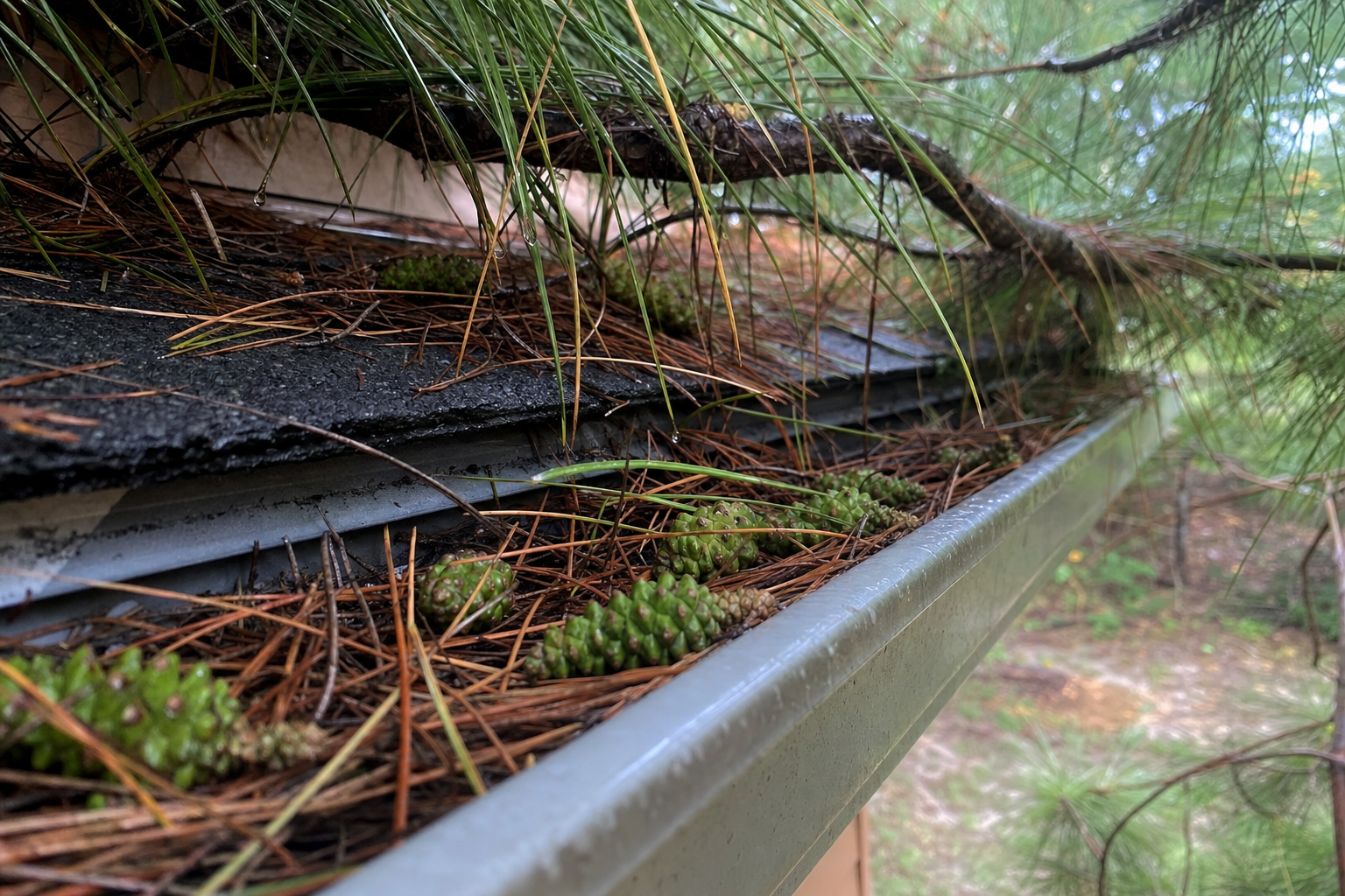 Residential rain gutter packed with pine needles and green pine cones under overhanging pine branches in Kingwood Houston