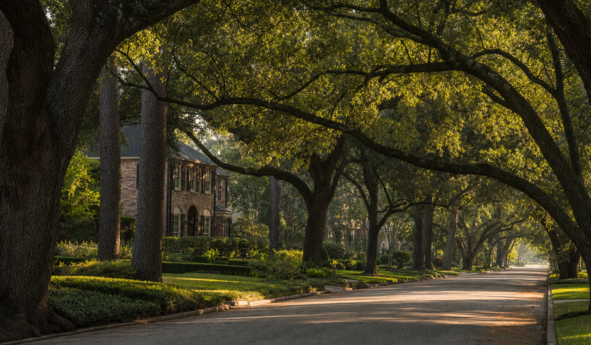 Wide street view of the memorial houston canopy over an estate home with dense live oak shade over the roof