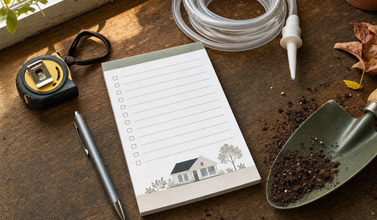Overhead flat lay of a fall home maintenance checklist tools on a wood workbench in Houston