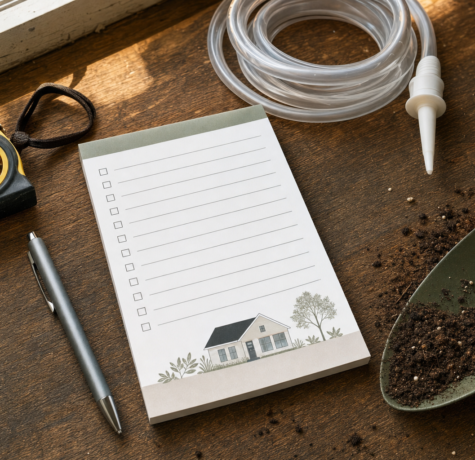 Overhead flat lay of a fall home maintenance checklist tools on a wood workbench in Houston