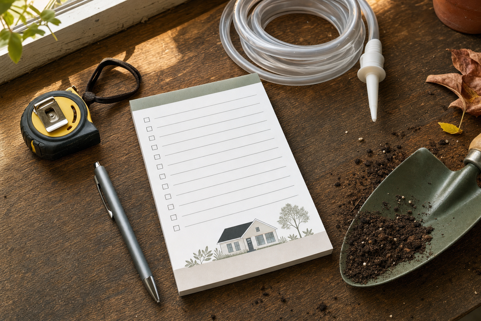 Overhead flat lay of a fall home maintenance checklist tools on a wood workbench in Houston