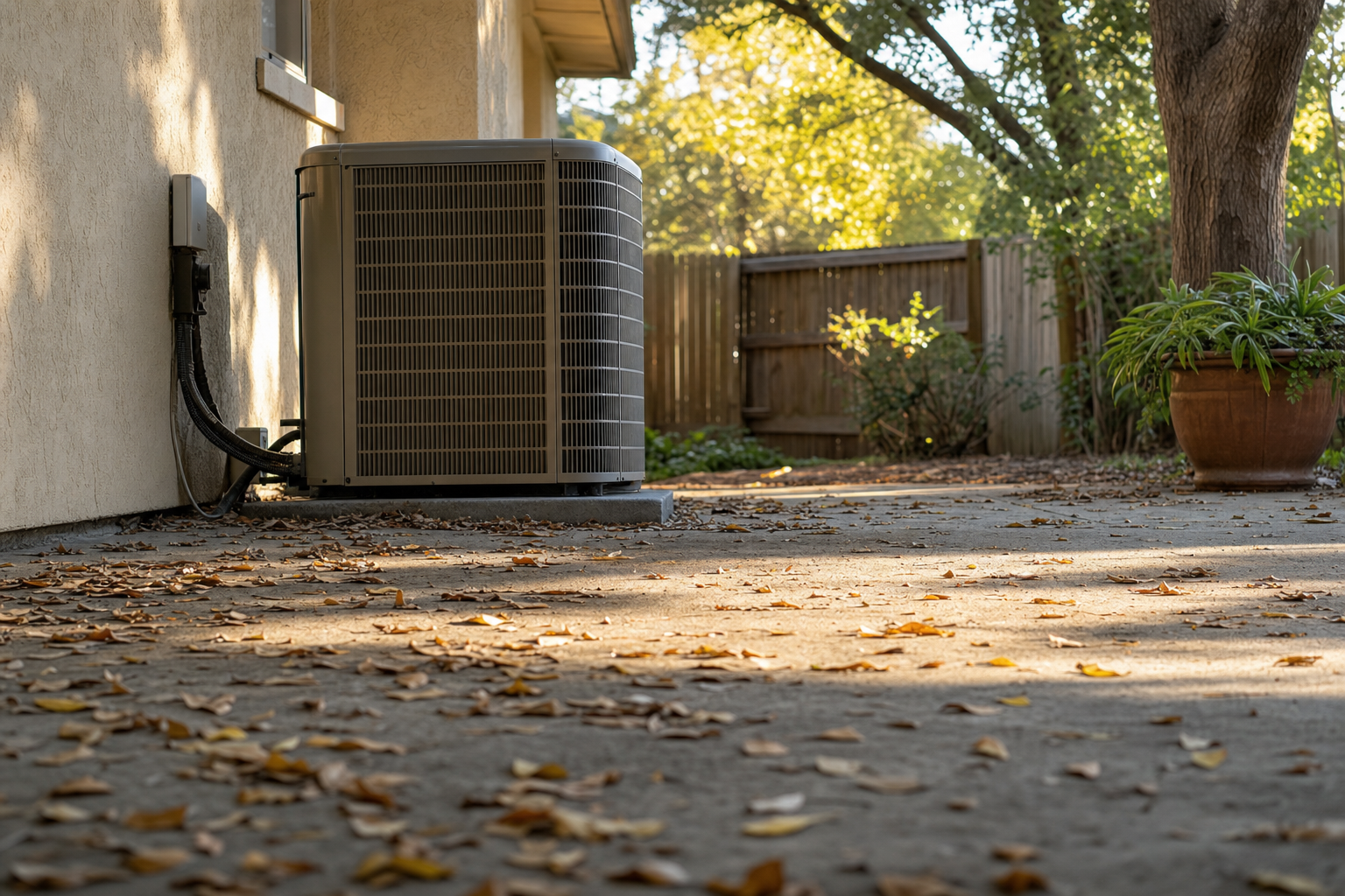 Residential outdoor HVAC condenser next to a Houston brick patio ready for October seasonal service
