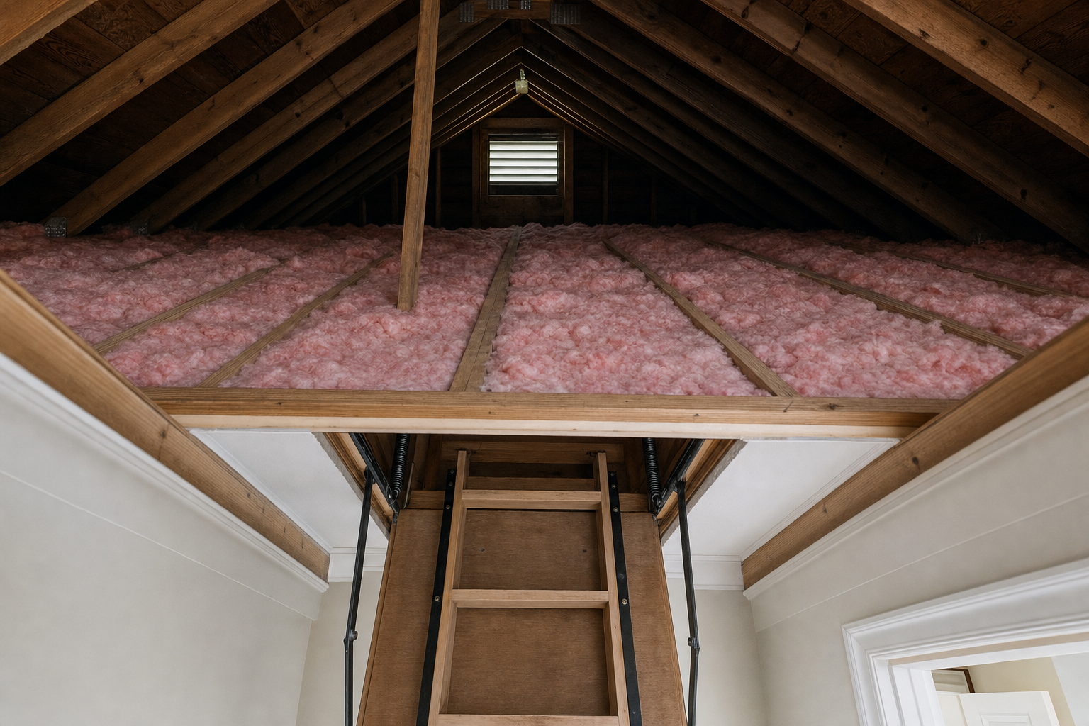 Open attic hatch showing pink fiberglass insulation and roof decking in a Houston-area home