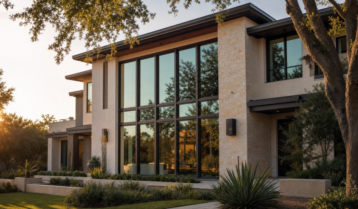 Row of Houston home windows with sunlight reflecting off low-e coated glass for shgc houston windows performance