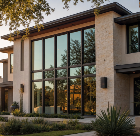 Row of Houston home windows with sunlight reflecting off low-e coated glass for shgc houston windows performance