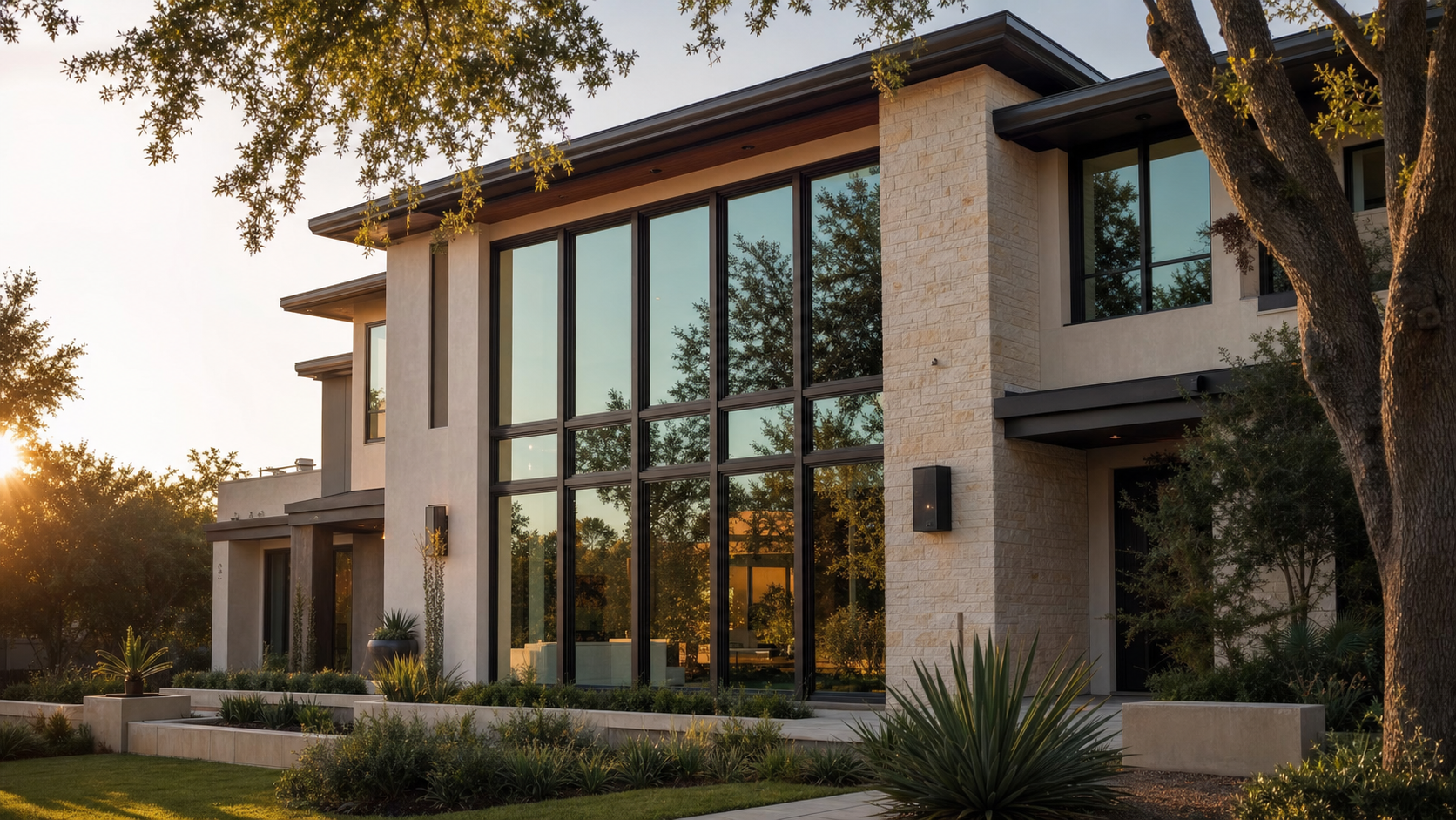 Row of Houston home windows with sunlight reflecting off low-e coated glass for shgc houston windows performance