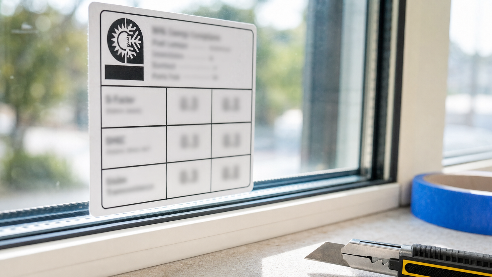 Close-up of an NFRC energy rating label on a new Houston window showing U-factor and SHGC values