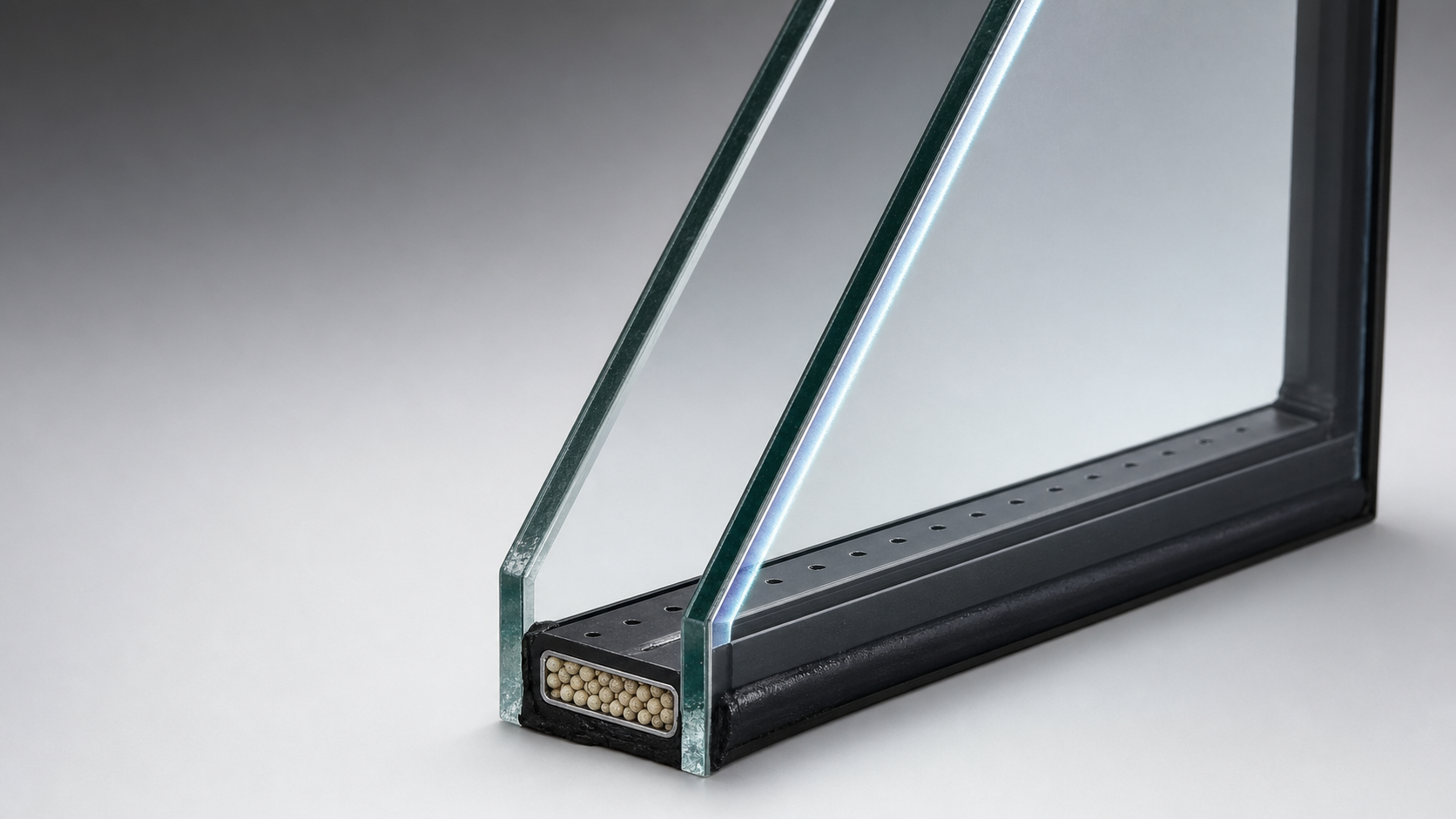 Cross-section detail of a double-pane insulated glass unit showing low-solar-gain low-e coating layer