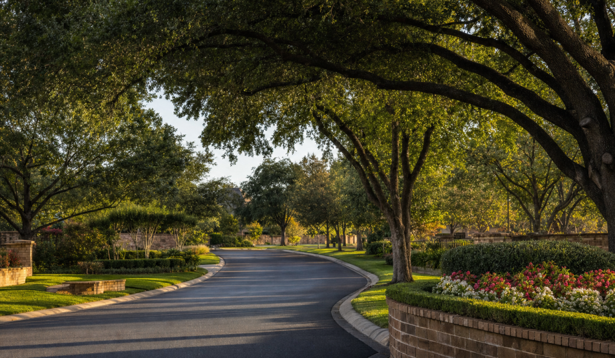 Sugar Land Houston master-planned community entrance with mature live oaks
