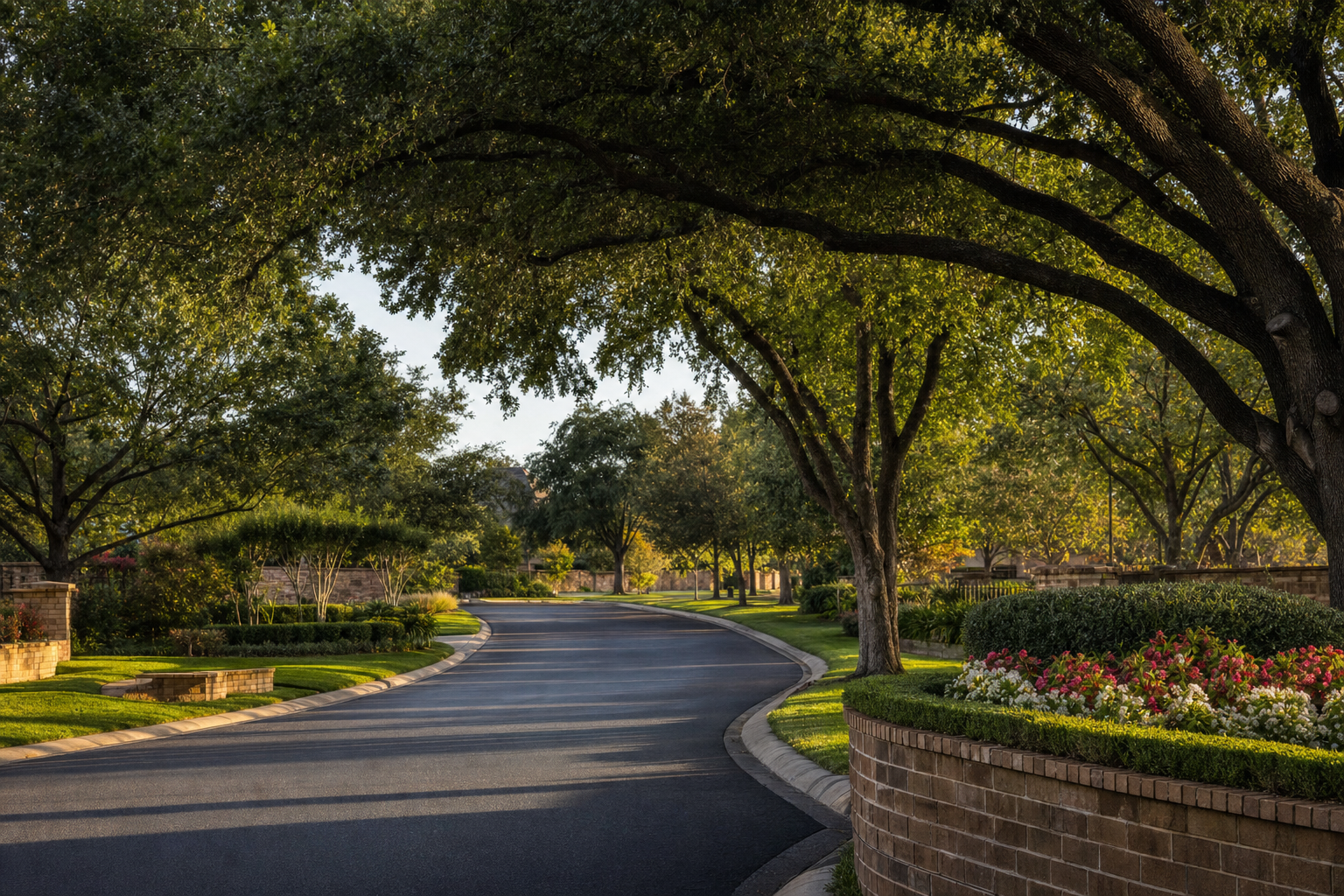 Sugar Land Houston master-planned community entrance with mature live oaks