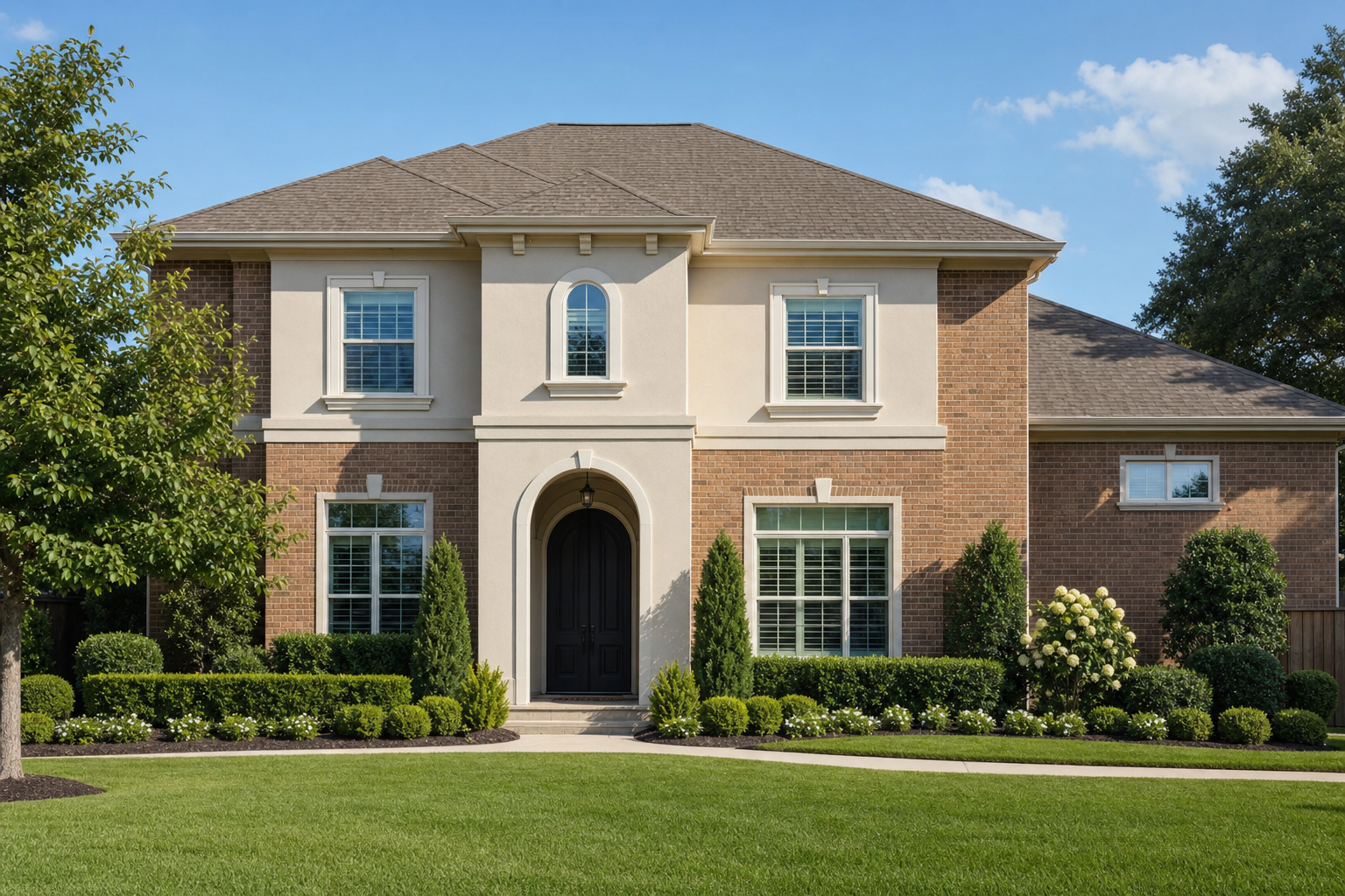 Sugar Land Houston brick and stucco two-story home with warm gray shingle roof