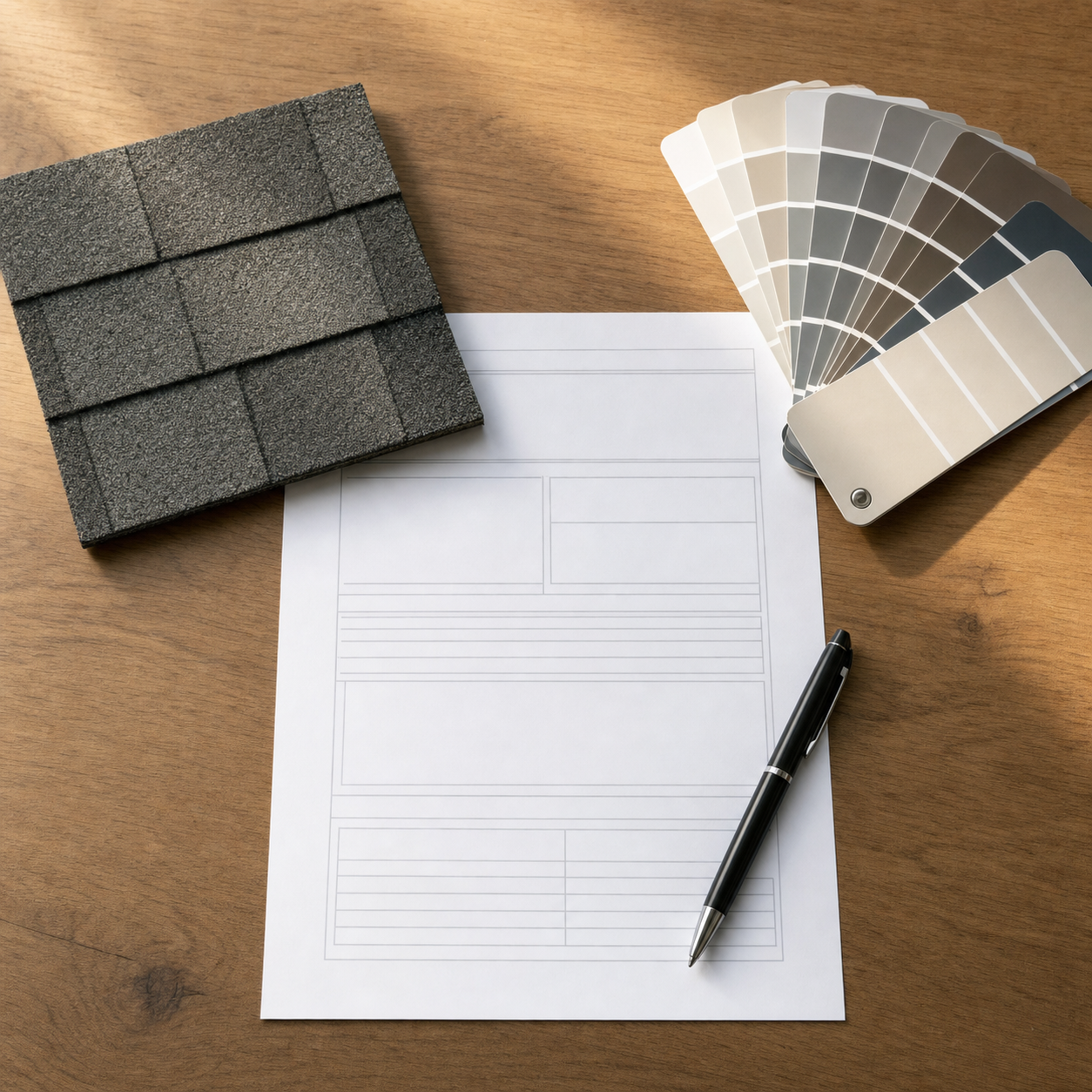 Sugar Land HOA architectural review application with asphalt shingle sample and color chip