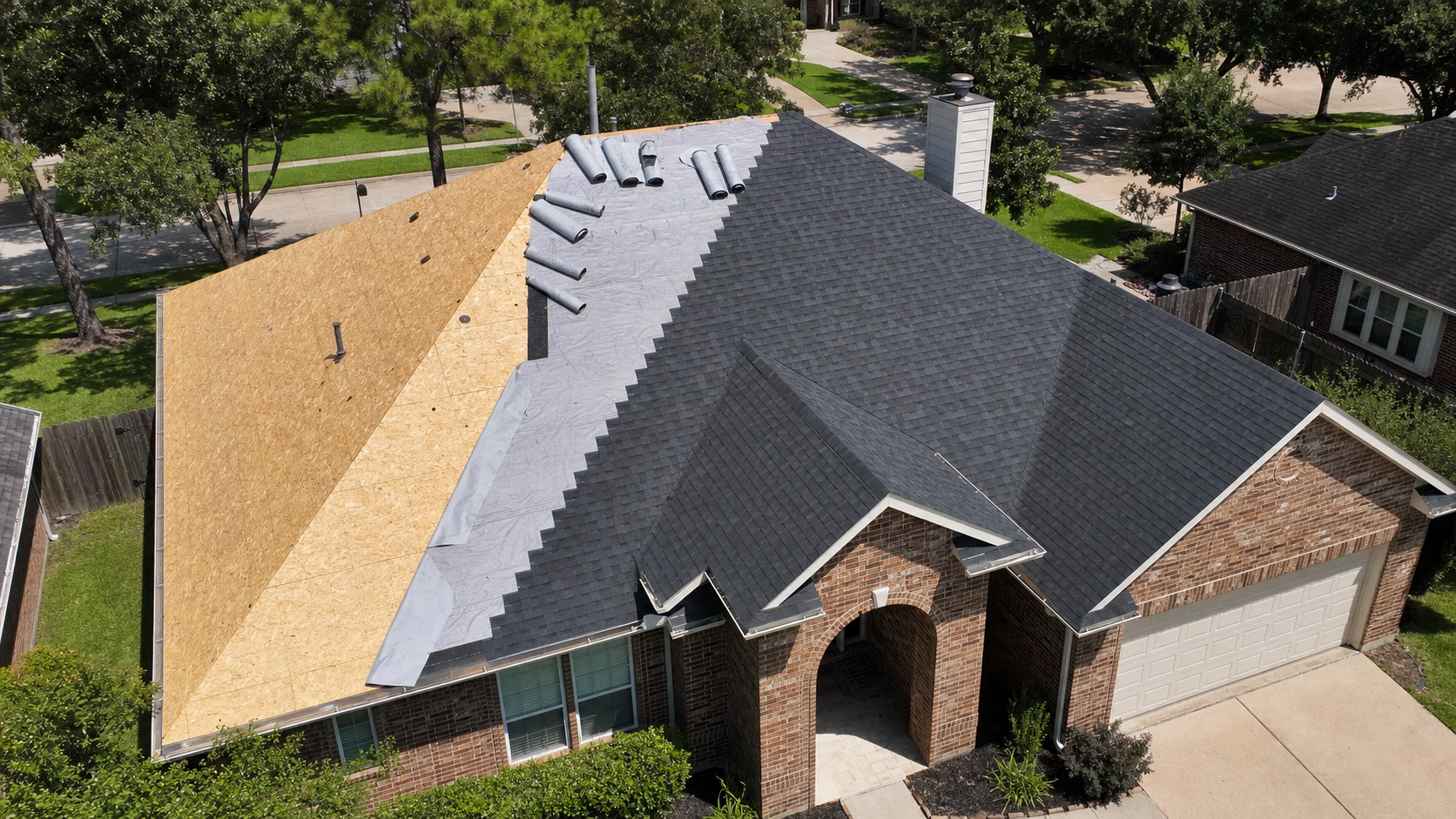 Wide view of a partially reroofed Houston home with clean plywood decking and synthetic vs felt underlayment visible in overlapping courses