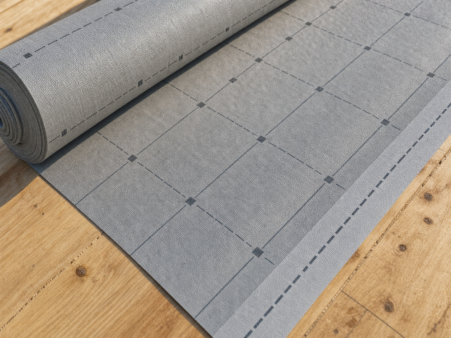 Close-up of gray synthetic roofing underlayment rolled across plywood decking with printed nail-pattern guide lines