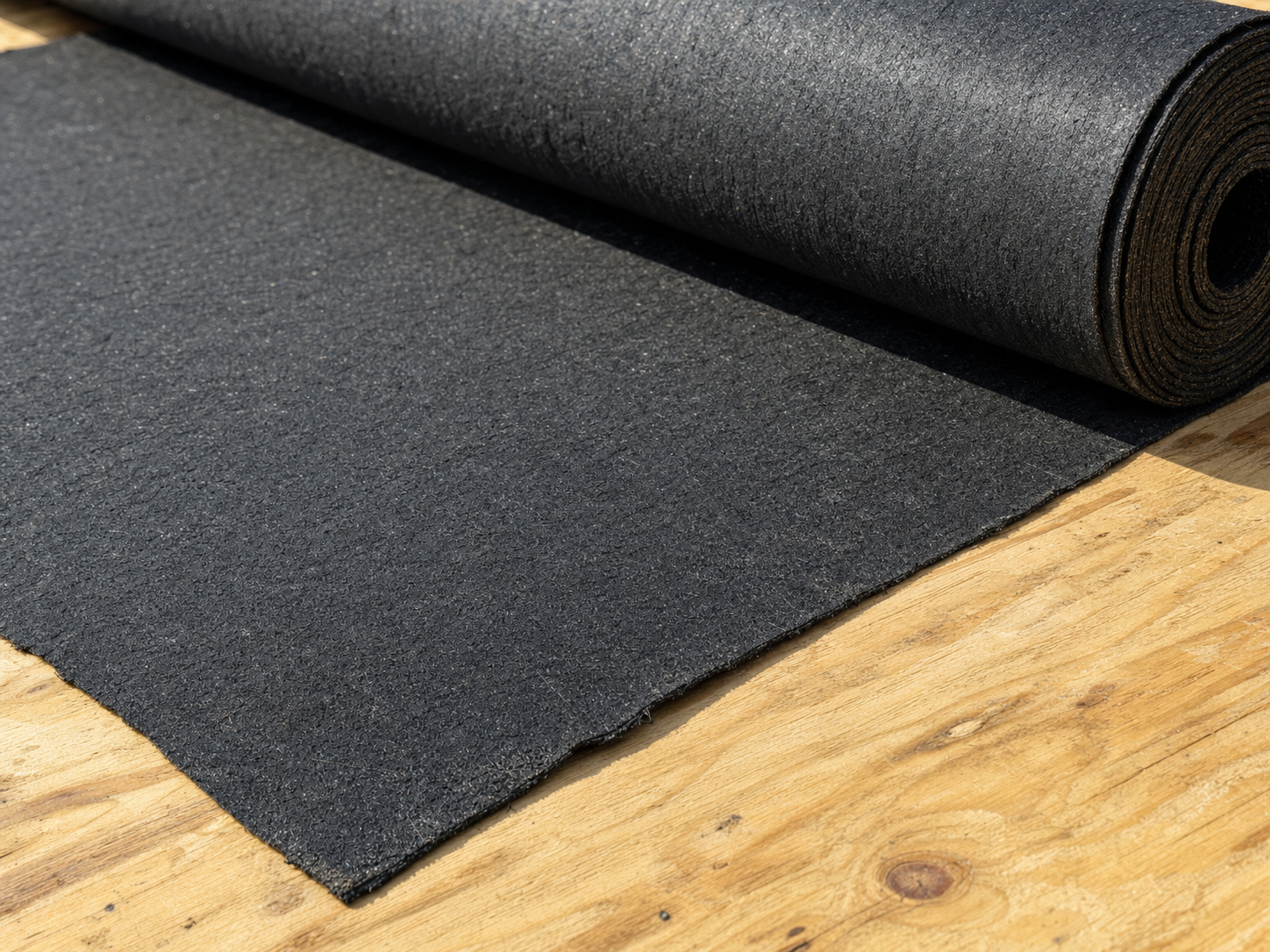 Detail of traditional dark asphalt-saturated felt paper underlayment being unrolled on a roof deck