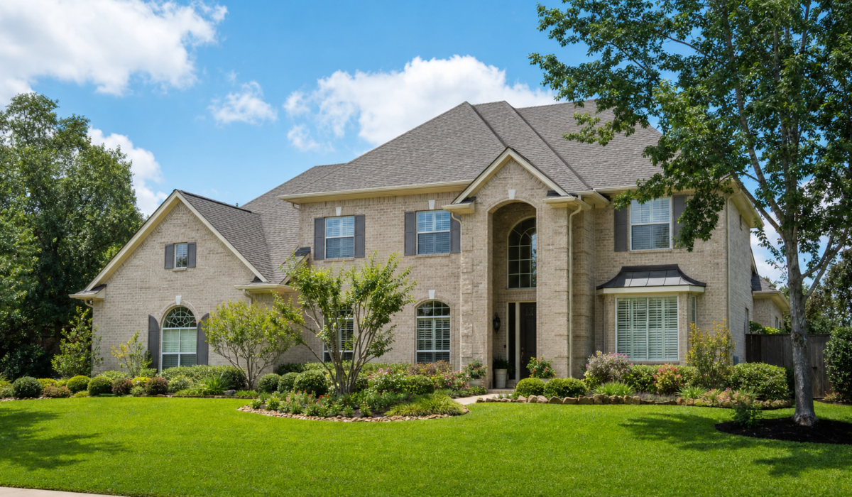 Suburban Houston home exterior with a well-maintained shingle roof, framed as a resale-ready listing photo