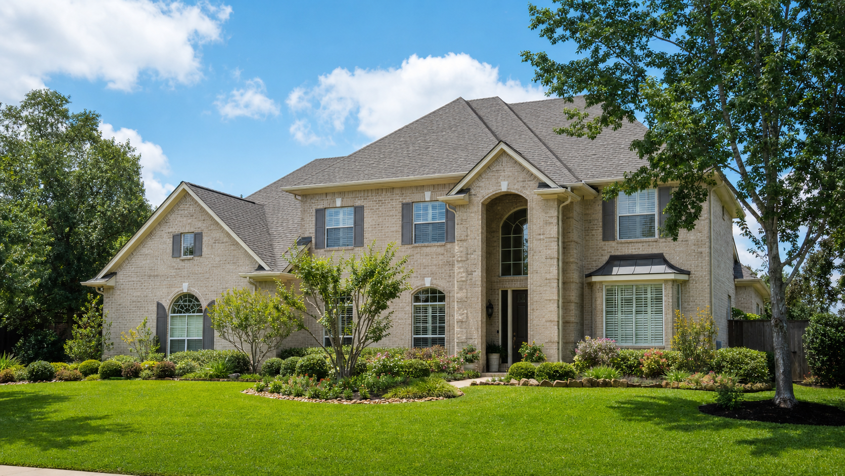 Suburban Houston home exterior with a well-maintained shingle roof, framed as a resale-ready listing photo