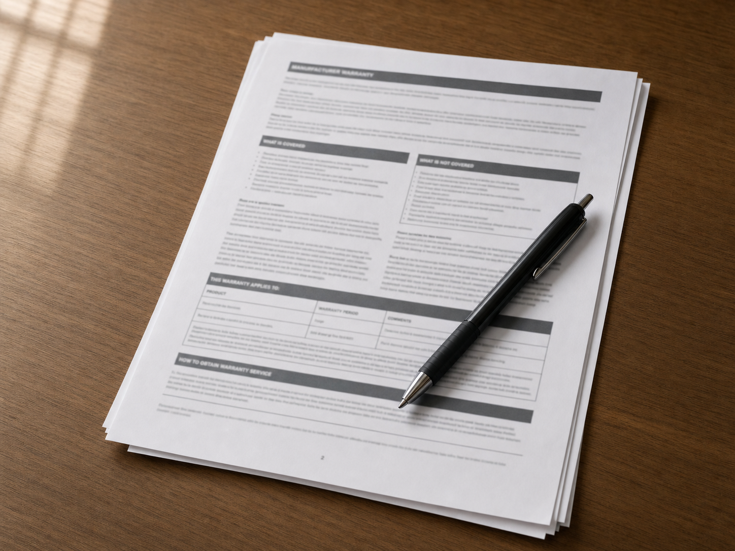 Detail of a printed roof warranty document with a manufacturer logo blurred out, lying on a wood table with a pen