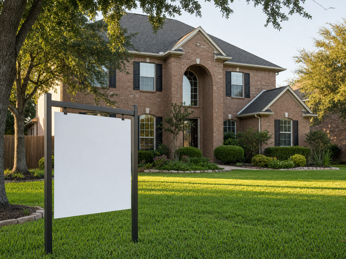 A residential 'For Sale' sign in front of a two-story Houston home with a shingle roof visible above