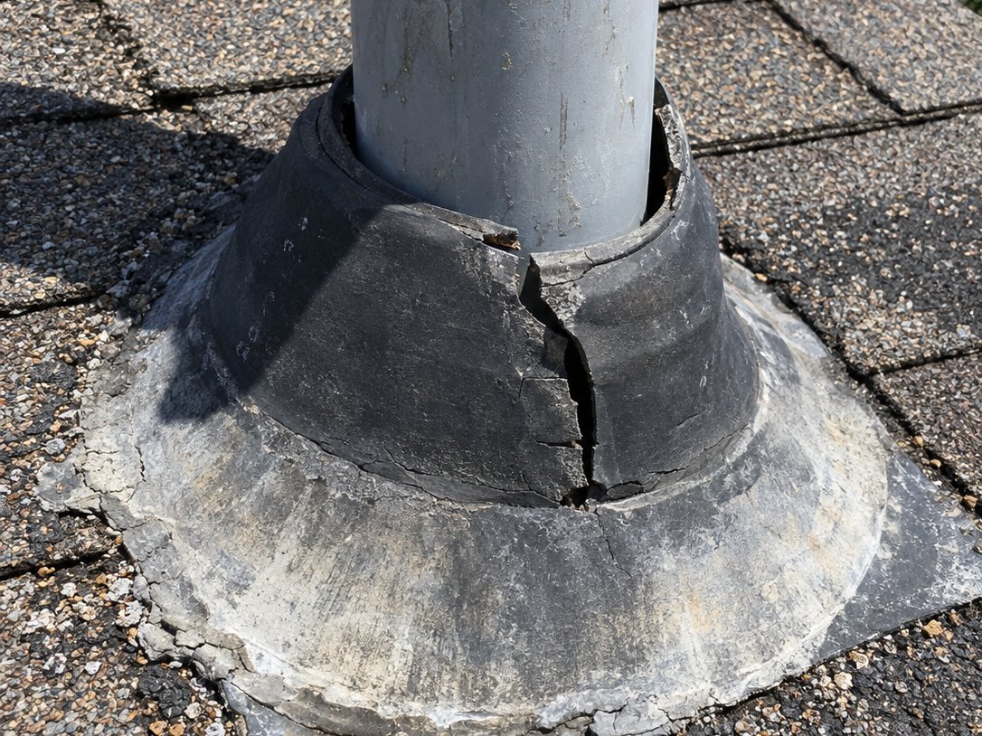 Cracked rubber roof pipe boot collar with old caulk around a plumbing vent pipe