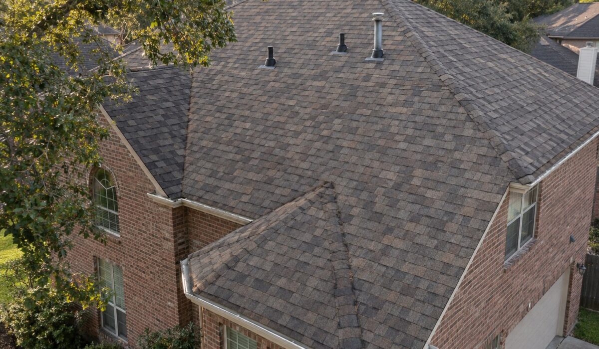 Shingle roof on a brick Houston home with plumbing vent pipes and roof pipe boots
