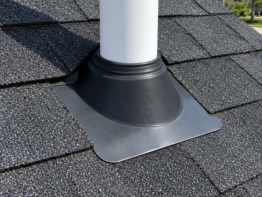 New roof pipe boot with a snug rubber collar on a plumbing vent pipe