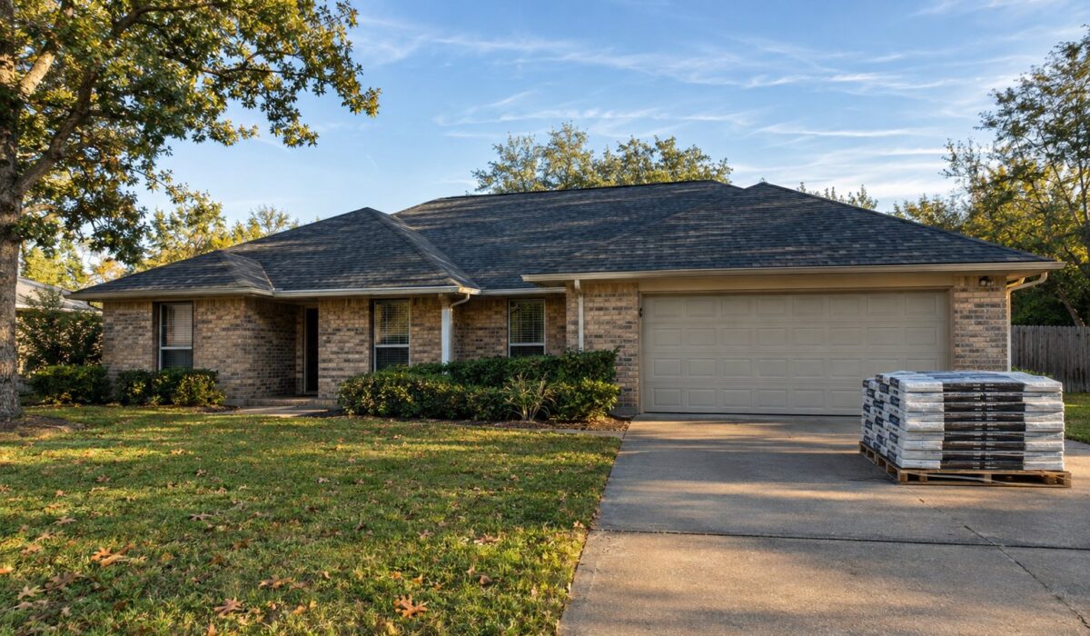 New charcoal shingle roof on a brick Houston home on a clear fall afternoon