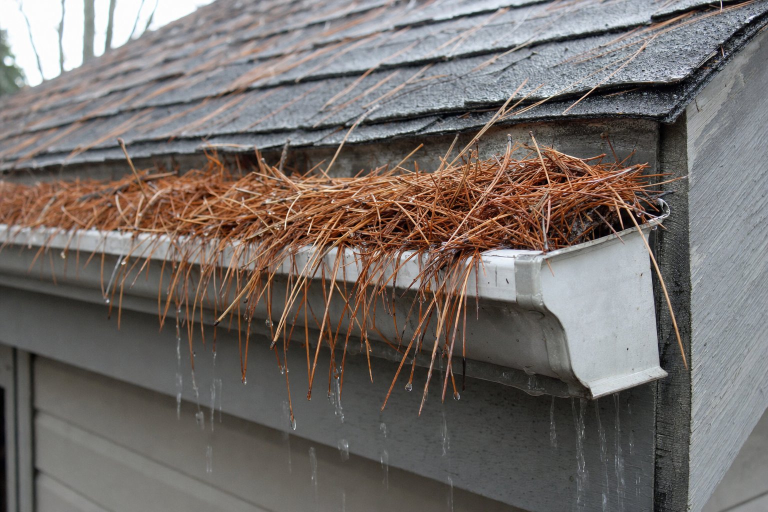 Aluminum residential gutter overflowing with wet pine needles and dripping water down the fascia in a Woodlands-area home